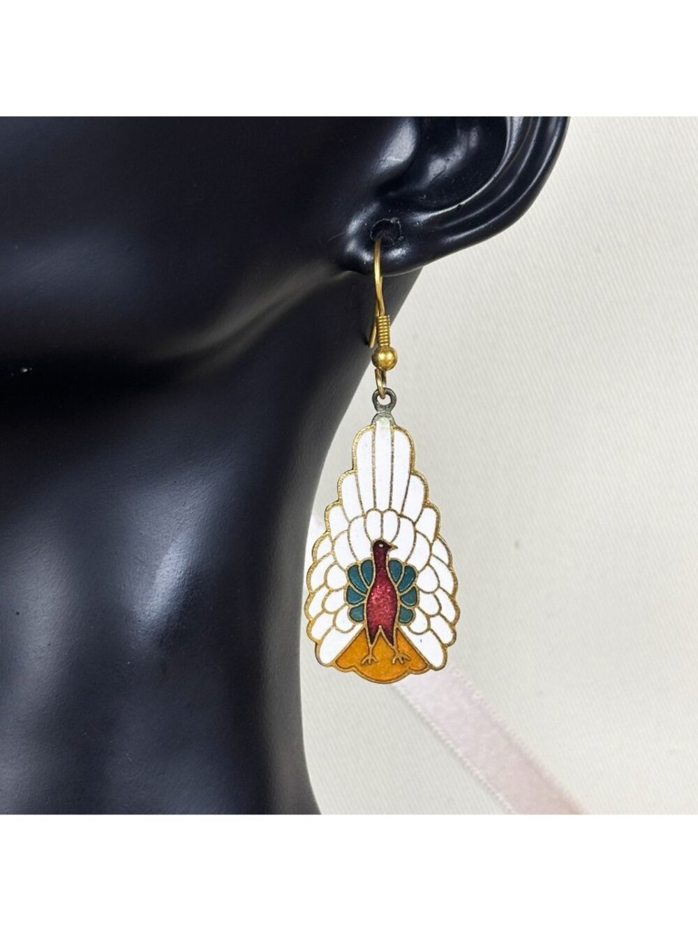 Vintage Peacock Cloisonne Enamel Dangle Earrings Bird Jewelry Animal B57